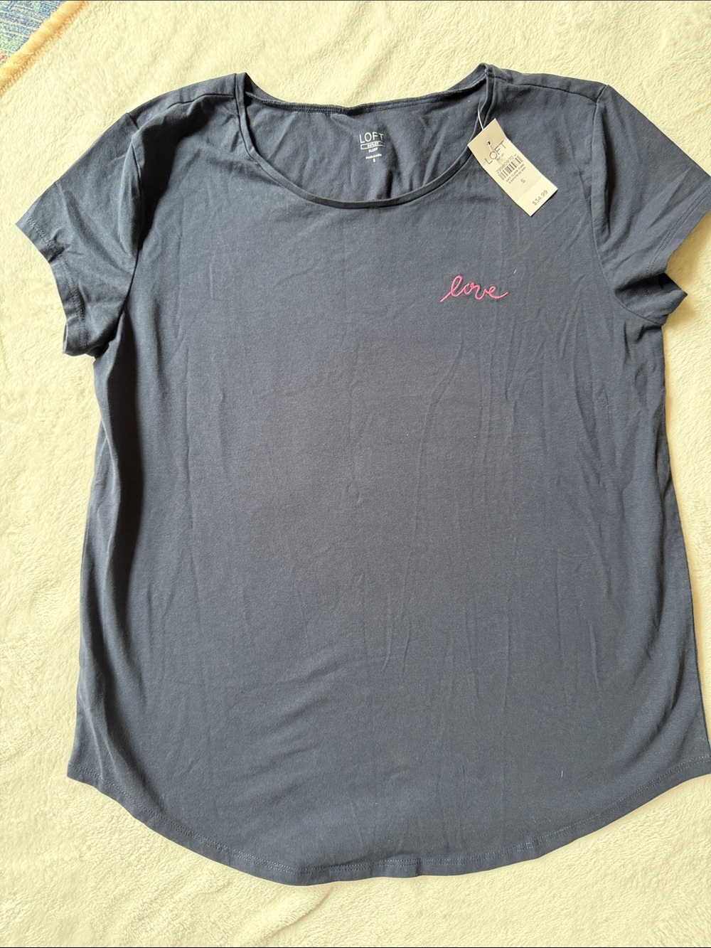 LOFT Navy Short-Sleeve Tee with Pink "love" Embroidery